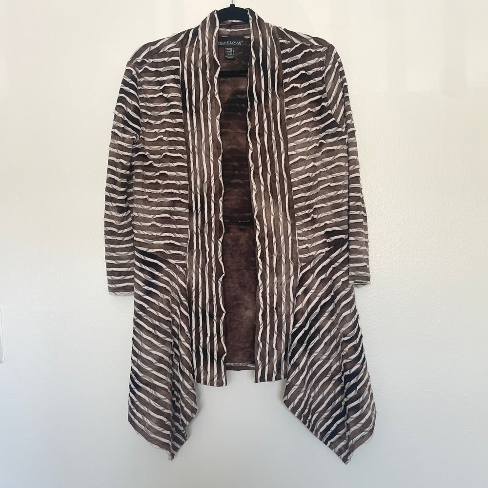 Frank Lyman Cardigan Brown Striped Textured Handkerchief Hem Open Front Sz 8